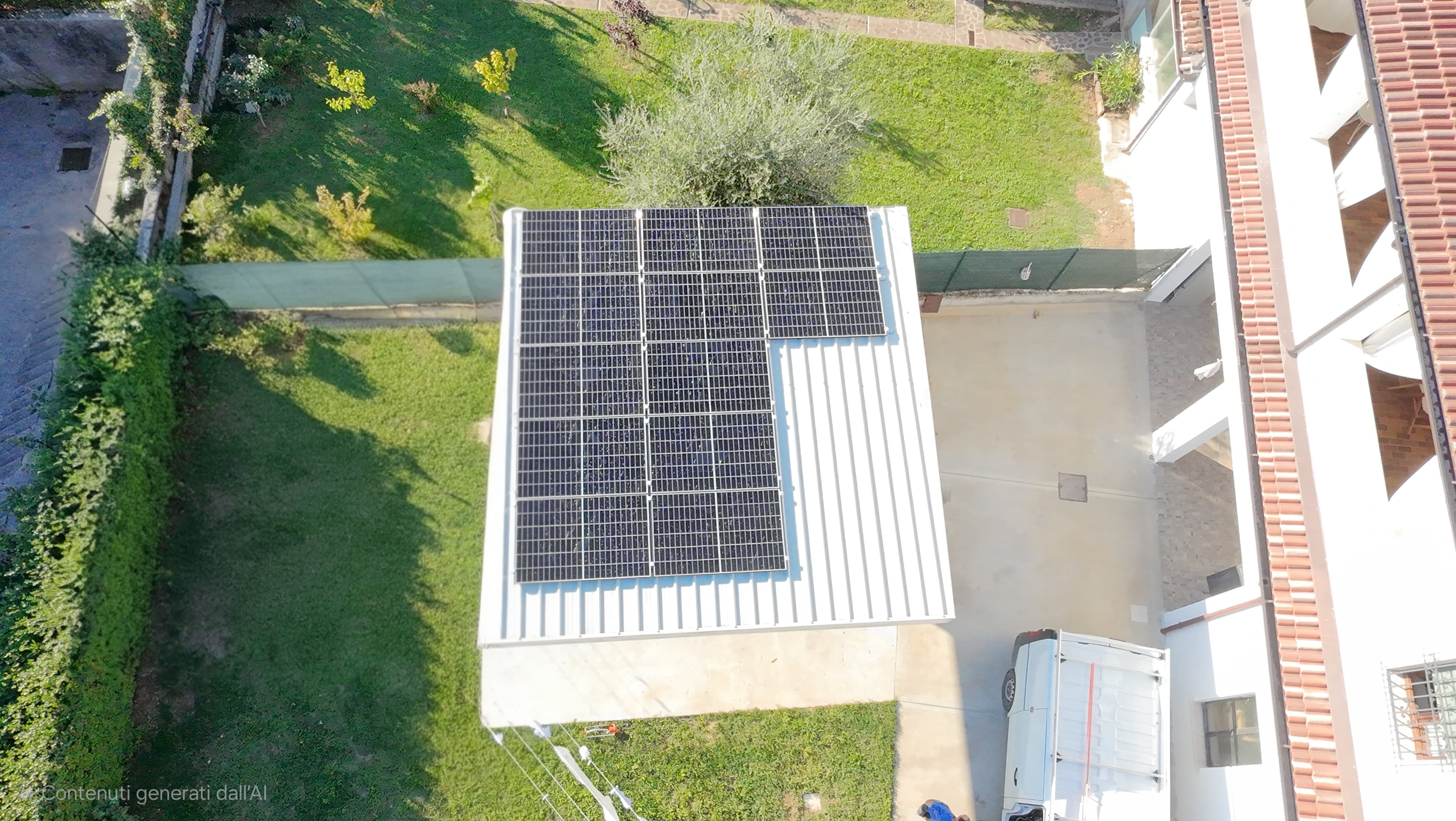 Vista aerea di una copertura residenziale dopo l'installazione di un impianto fotovoltaico realizzato da OBA Energia