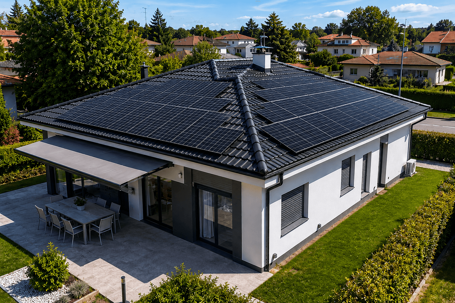 Stessa copertura dopo l'installazione di un impianto fotovoltaico residenziale, vista aerea con drone