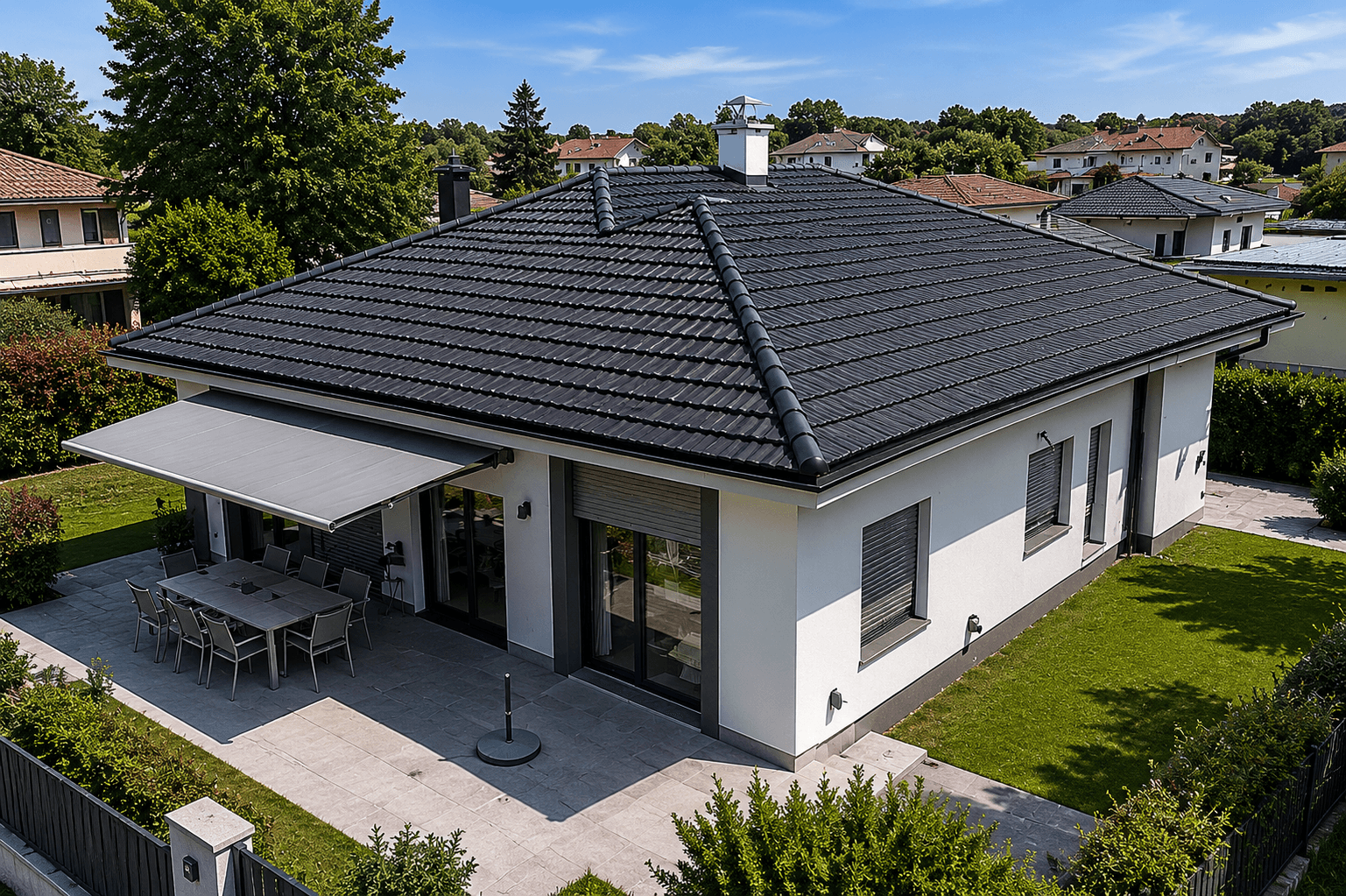 Vista aerea di una copertura residenziale prima dell'intervento, senza impianto fotovoltaico installato